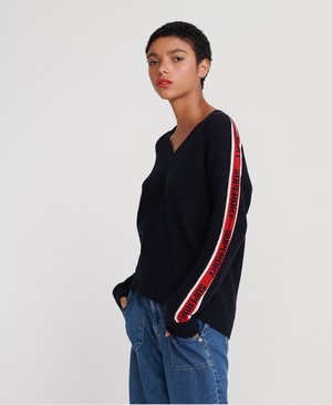 Superdry Sporty Taped V-Neck Sweater Női Kötöttáru Sötétkék | ANTXZ5028